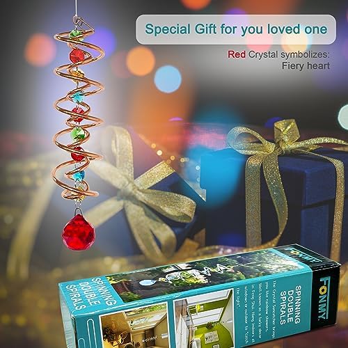FONMY Gazing Ball Spiral Tail -Decorative Wind Spinner Sun Catcher Rainbow Maker Copper Double-Spiral W/Red Crystal Ball and Chain Crystals Beads for Indoor Outdoor Garden Decoration -14 inch Height - Image 2