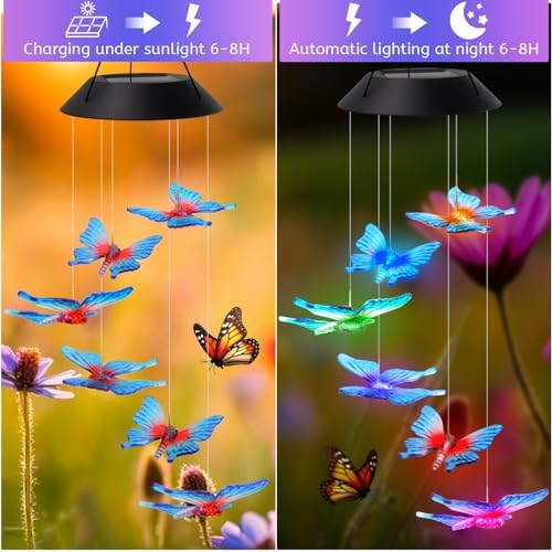 AVEKI Solar Wind Chimes Outdoor, Color-Changing Mobile Wind Chime Waterproof, Solar Powered LED Hanging Lamp for Outdoor Garden Festival Decoration (Butterfly) Wind Chimes - Image 4