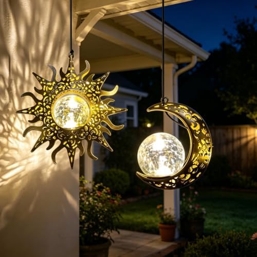Solar Sun Moon Lanterns Outdooor Waterproof,Hanging Lights Garden Gifts by Amugmilk