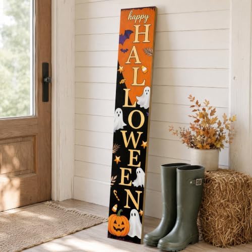 Happy Halloween Vertical Wooden Porch Sign, Spooky Ghost Pumpkin Bat Candy Tall Welcome Hanging Sign, 47.2 Inch Long Halloween Front Door Decor Hang or Lean Against Wall for Indoor Outdoor Farmhouse - Image 4