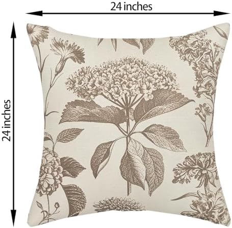 Vintage Brown Pillow Covers 24x24 Inch 2 Pcs Boho Beige Floral Decor Throw Pillows Hydrangea Flower Seasonal Outdoor Farmhouse Neutral Accent Decoration Pillowcase Linen Cushion Cover for Couch - Image 6
