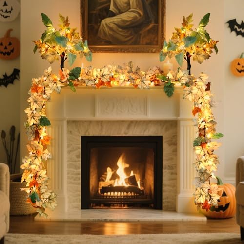 Fall Decorations Lighted Fall Garland, 9FT 50 Count Incandescent Lights Brown Wire UL Certified Connectable Maple Leaves String Lights for Home Fireplace Mantle Thanksgiving Decor - Image 2