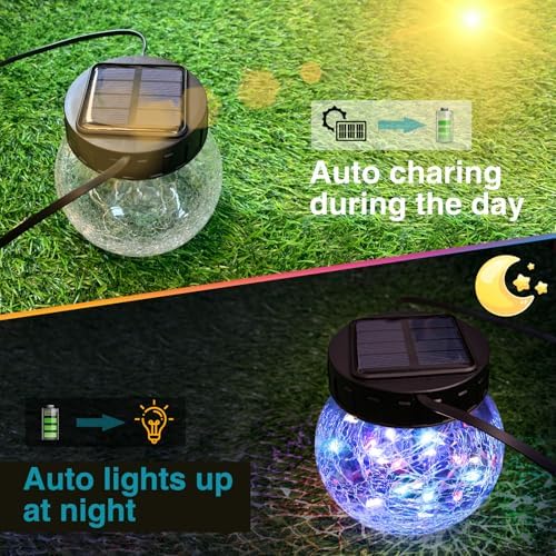 kolpop 6 Pack Solar Lantern Outdoor Lights, Multi-Coloured Solars Lanterns with 30 LED, Crackle Glass Ball Waterproof Hanging Solar Lights for Garden Decor Patio Fence Yard Christmas Tree Decoration - Image 3