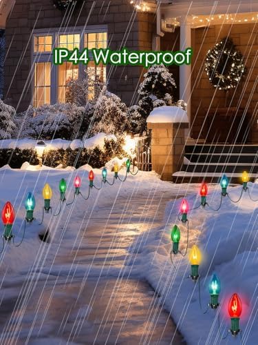 SUNSGNE Christmas Pathway Lights Outdoor, 38FT Colored Christmas Lights with 25 C9 Multicolor Bulbs and 25 Plastic Stakes for Walkway Sidewalk Driveway Lawn Yard Path Garden Decor - Image 5