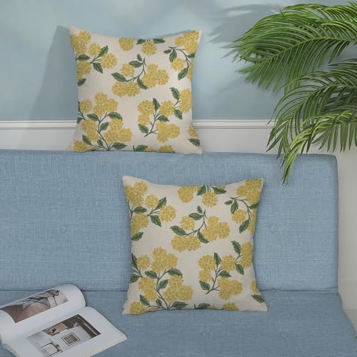 Mustard Yellow Outdoor Pillow Covers 24x24 Inch 2 Pcs Green Hydrangea Flower Decor Throw Pillows Spring Summer Seasonal Vintage Floral Decoration Pillowcase Linen Cushion Cover for Couch Sofa - Image 3