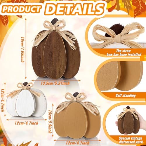 Ferraycle 3 Pcs Fall Pumpkin Decor, 3D Wooden Pumpkin Tabletop Decor - Image 3