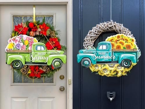WaaHome Reversible Sunflower Summer Sign and Hello Spring Wreath for Front Door Decor Truck Spring Summer Door Decorations for Home Farmhouse Welcome Door Sign Hanger - Image 3