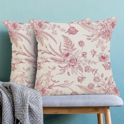 CXMEIFLY Hot Pink Spring Pillow Covers 18 x 18 Inch Set of 2 for Chinoiserie Flowers Decor Throw Pillows Floral Leaves Seasonal Plant Outdoor Decorative Cushion Cases for Couch Bed Decorations - Image 2