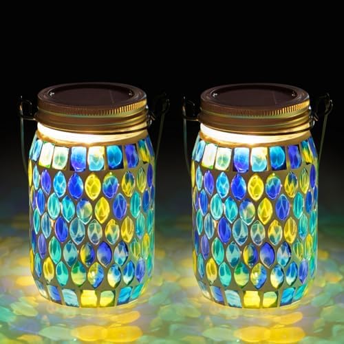 Starsoul 2 Pack Solar Lanterns Outdoor Waterproof, Decorative Teal Mosaic Glass Outdoor Lantern, Hanging Solar Garden Lights for Outside Pathway Patio Porch Yard Table, Gifts for Women Mom Grandma by Starsoul