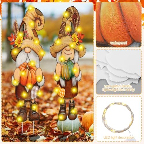 Soaoo 2 Pack Gnome Yard Signs with LED Lights, Fall Lawn Decor - Image 3