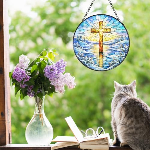 Winter Cross Stained Glass Window Hanging Suncatcher 7.8x7.8 in - Image 2