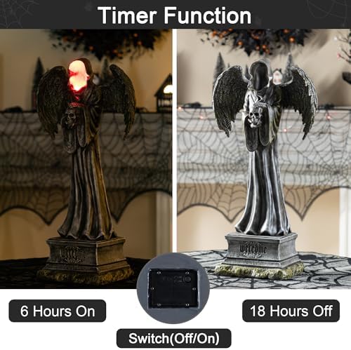 Glitzhome Halloween Porch Decorations, Lighted Halloween Front Porch Standing Sign Decor with Timer, Resin Grim Reaper Sign for Indoor Patio Party, 24" H - Image 3