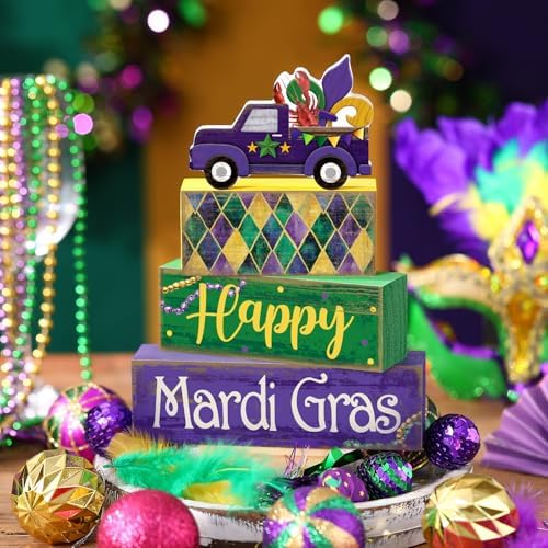 Lineshading 4 Pcs Mardi Gras Tiered Tray Decor Wooden Blocks, Truck - Image 2