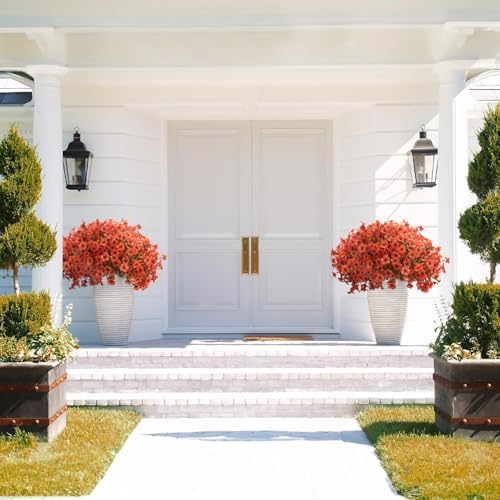 Grunyia Fall Outdoor Artificial Flowers 16 Bundles - UV Resistant Faux Daisy with Eucalyptus Leaves, Weatherproof Fake Plants for Porch, Patio, Garden Decor, Indoor Outdoor Decor (Fall Orange Red) - Image 4