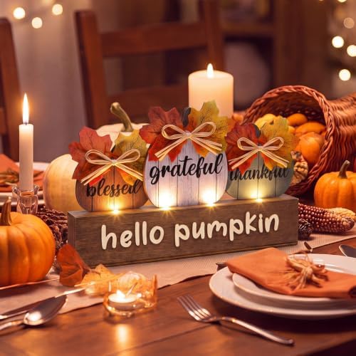 Yookeer Fall Pumpkin Decoration Lighted Vintage Fall Table Centerpiece LED Autumn Tabletop Decor Wood Thankful Grateful Blessed Harvest Farmhouse Hello Pumpkin Table Sign for Autumn Thanksgiving Home - Image 4
