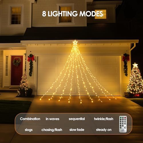 WBao 344 LED Christmas Lights Outdoor Decorations with 12" Star Topper, 11.9ft Waterfall Christmas Lights, Remote Control 8 Modes, Timer, UL Listed Waterproof for Tree Roof Porch Decor, Warm White - Image 2