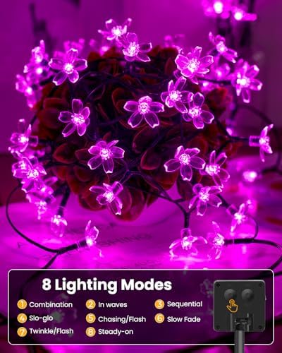 Brightown 2 Pack Total 52FT 120 LED Flower Solar String Lights Outdoor Waterproof Fairy Lights for Garden Yard Fence Patio Christmas Tree Wedding Party Decor, Pink - Image 2