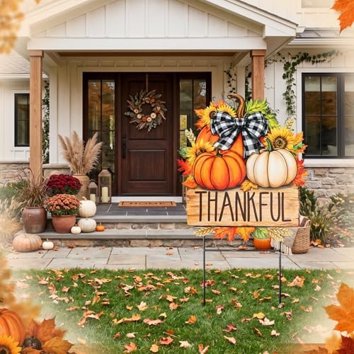 Weysat Fall Decor Outdoor Metal Pumpkin Yard Sign, Pumpkin Sunflower Stake - Image 3