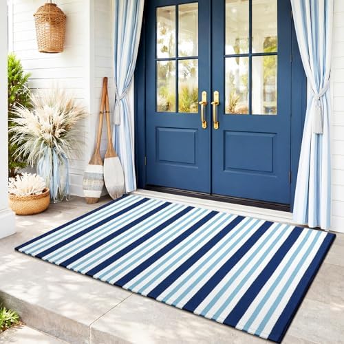 Moucuny 3' X 5' Navy White Blue Summer Vertical Stripe Outdoor Rug - Image 4