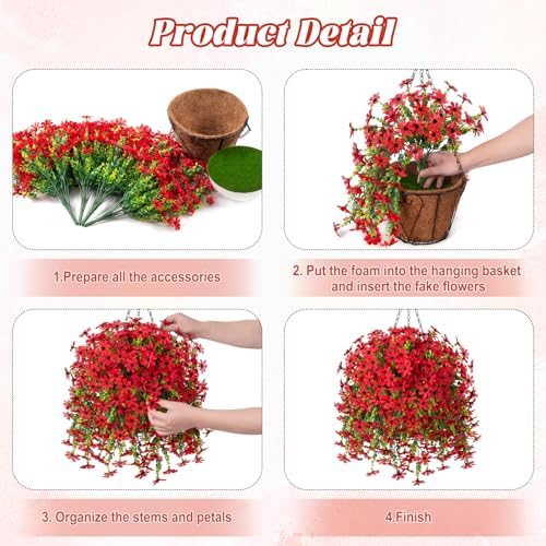 INXUGAO Artificial Hanging Flowers Plants with Basket for Outdoors, Realistic Faux Silk Daisy Flower Eucalyptus for Spring Decor, UV Resistant Fake Plants for Porch Patio Yard Balcony (Red) - Image 3
