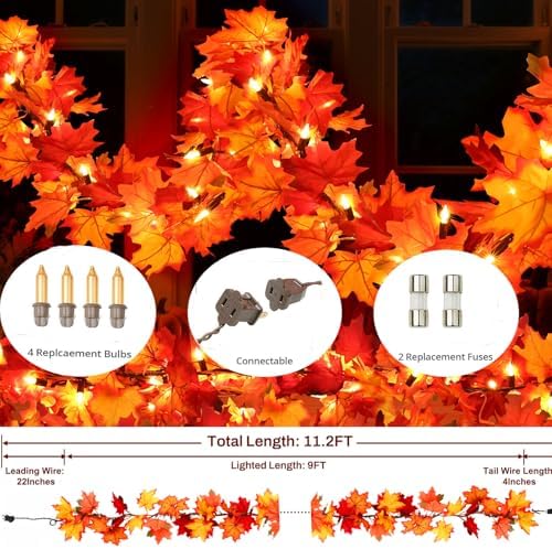 Fall Decorations Lighted Fall Garland, 9FT 50 Count Incandescent Lights Brown Wire UL Certified Connectable Maple Leaves String Lights for Home Party Fireplace Mantle Thanksgiving Decor (Orange, 9FT) - Image 5