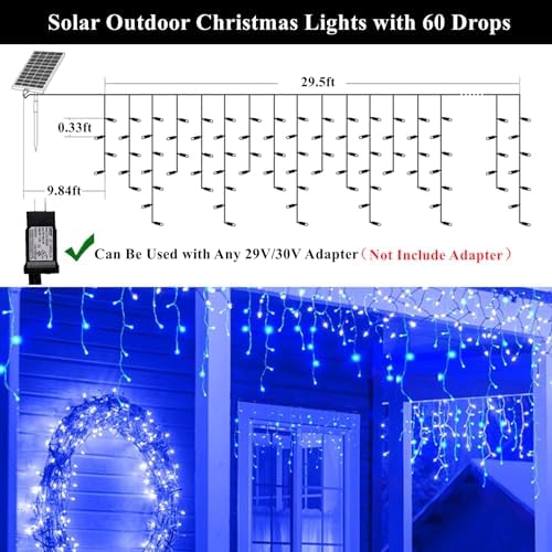 KiflyTooin Solar Christmas Lights Outdoor Waterproof Christmas Decorations Curtain Lights 320LED 29.5ft 60 Drops, Solar Powered Rechargeable Fairy Lights for Party, Wedding, Home Decorations(Blue) - Image 4