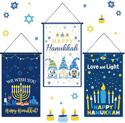 Tegeme 3 Pcs Hanukkah Door Sign Flag Chanukah Door Blue White Doors Banner by Tegeme
