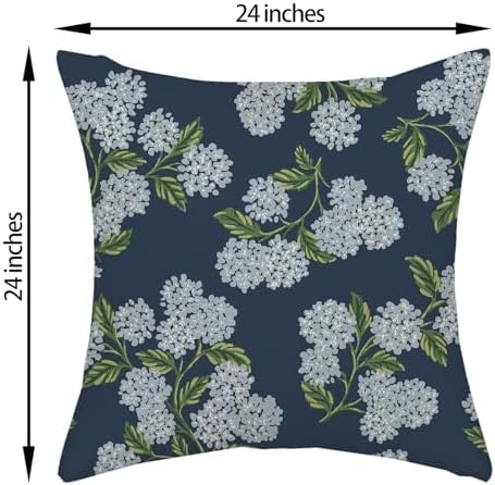 Navy Blue Spring Pillow Covers 24x24 Inch 2 Pcs Blue Green Hydrangea Flower Decor Throw Pillows Vintage Floral Seasonal Summer Outdoor Decoration Pillowcase Linen Cushion Cover for Couch Sofa - Image 6
