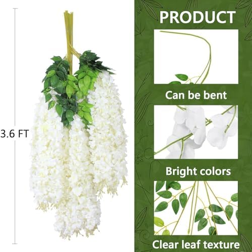 12Pcs Artificial Wisteria Flowers 3.6 Feet/Piece White Dense Artificial Fake Wisteria Vine Ratta Hanging Garland Silk Flowers String Home Party Wedding Decor(White-Dense) - Image 3
