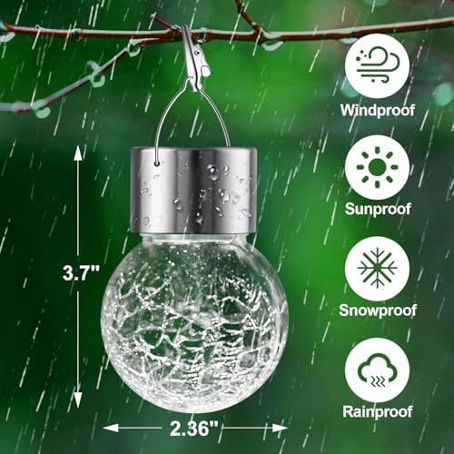 Solar Lights Outdoor Hanging Decorative Globe 8 Pack, Waterproof Solar Lantern with Handle and Clip, Solar Powered Glass Ball Lights for Garden Yard Fence Tree Umbrella Holiday Décor, Cold White - Image 5