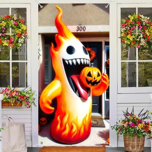 BlissYard Halloween Door Banner Reading Witch & Frog 35x71 Inches Spooky Magic Window Theme with Floating Potions Entryway Greeting Banner Potion Cauldron & Moonlit Bats Indoor Outdoor Holiday Decor - Image 4