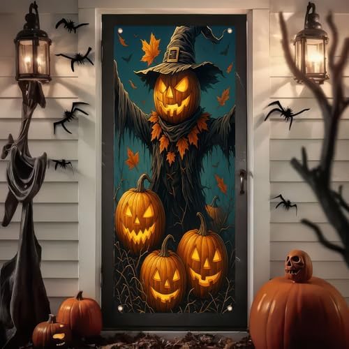 BlissYard Halloween Pumpkin Scarecrow Door Cover 35x71 Inch Polyester - Image 3