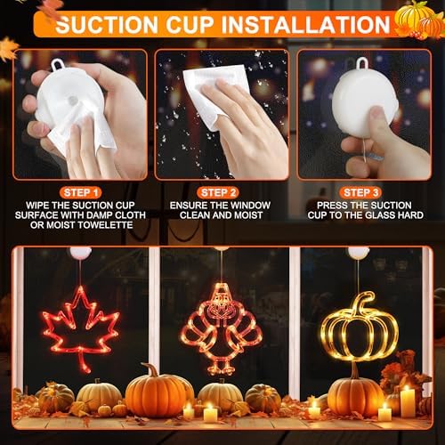 [Timer] 3 PCS Thanksgiving Lights Turkey Maple Leaf & Pumpkin Fall Lights, Thanksgiving Window Lights with Suction Cup, Thanks Giving Lighted Window Decorations for Home - Image 4