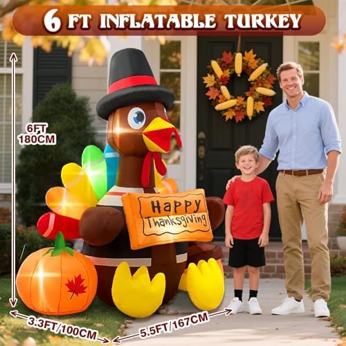 Inflatable Turkey Thanksgiving Decorations Outdoor 6FT Giant Blow up Yard Décor Outside Pilgrim Hat with Built-in LED Lights for Happy Fall Holiday Lawn Indoor Autumn Decorations - Image 3