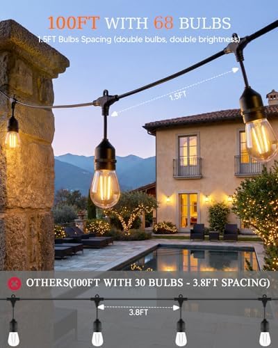 100FT Outdoor String Light 32+2 Bulbs 2W, 120W Dimmer Remote IP65Waterproof - Image 2