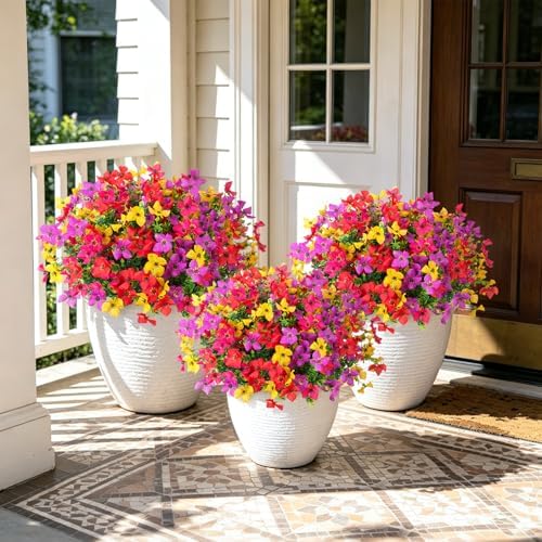 INXUGAO Artificial Faux Plants Flowers Outdoor Spring Summer Decoration, 12 Bundles Fake Silk Colorful Daisy Eucalyptus Realistic UV Resistant for Outside Home Planter Porch Yard Decor (Mix) - Image 5
