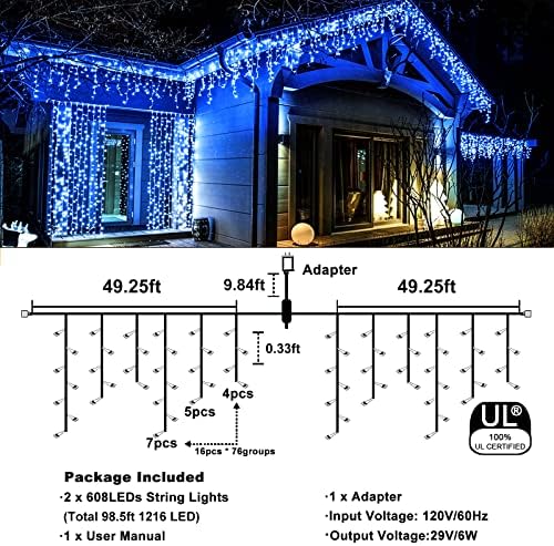 98FT 1216 LED Icicle Lights for Outside, 8 Modes 228 Drops, Blue - Image 4