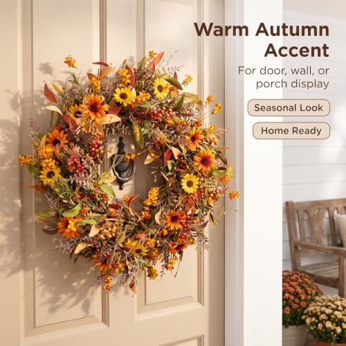 JINGHONG 24 Inch Fall Wreaths for Front Door, Artificial Autumn Wreath with Sunflowers, Berries and Leaves, Thanksgiving Harvest Wreath for Porch Wall Window Fireplace Farmhouse Home Decor - Image 2