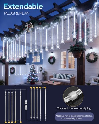 PEMOTech Christmas Lights Outdoor,16 Tubes 576 LED 16 Inch,Meteor Shower Lights Outdoor,Waterproof Icicle Lights,Luces Navideñas para Exteriores,White,50 ft for Christmas Tree,Party,Garden Decor - Image 6