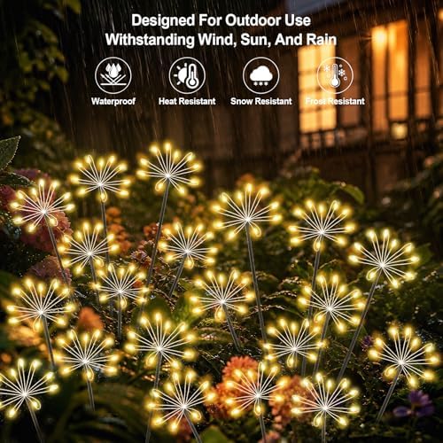 Solar Garden Lights Outdoor, Upgraded Solar Swaying Starburst Light Waterproof with 2 Modes, Solar Fairy Firework Lights for Yard Patio Pathway Flowerbed Balcony Garden Decoration (Warm White, 4 Pack) - Image 4