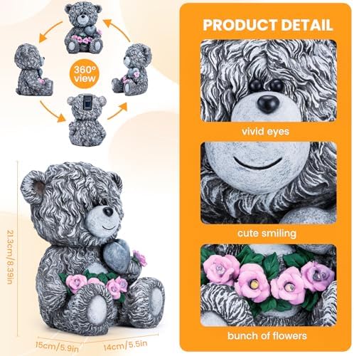 YDKOJGW Solar Garden Outdoor Statues Bear with Heart and Pink Flower and 5 LED Lights-Lawn Decor Bear Statue for Patio, Balcony, Yard Ornament-Unique Housewarming Gifts for Mom, Women - Image 2