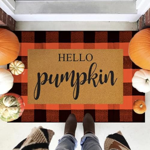 2 Pcs Fall Door Mat Combo Set Imitation Coir Welcome Mat, 43" x 28" Buffalo Plaid Rug Outdoor for Fall Halloween Thanksgiving Rustic Farmhouse Indoor Autumn Mats Hello Pumpkin (Orange and Black Plaid) - Image 6