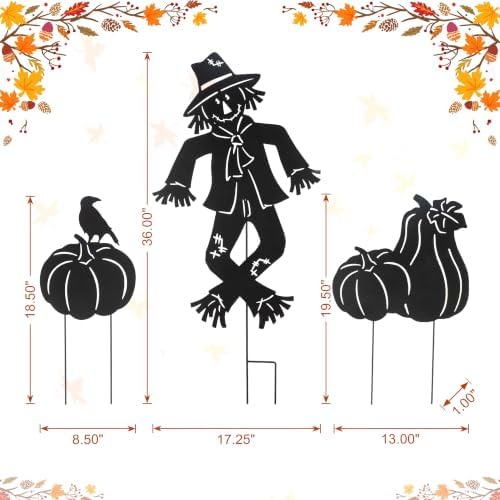 Glitzhome Fall Outdoor Decorations,36"H Fall Metal Scarecrow Pumpkin Silhouette Yard Stakes Set of 3,Scarecrows Pumpkins Silhouette Decor,Metal Yard Signs for Thanksgiving Autumn Party Lawn Garden - Image 5