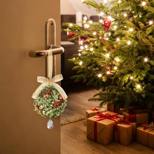 2 PCS Christmas Mistletoe Decoration Artificial Mistletoe Hanging Crystal Ornament Kissing Ball with Berry Bow for Doorway Home Xmas Tree Friendship Holiday Party Arch Ceiling Decor (Gold) - Image 6