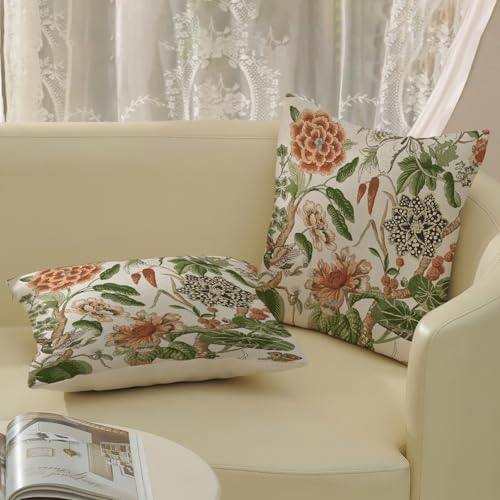Sage Green Boho Pillow Covers 20x20 Inch 2 Pcs Chinoiserie Burnt Orange Floral Bird Decor Throw Pillows Vintage Flower Seasonal Outdoor Farmhouse Pillowcase Linen Cushion Cover for Couch Sofa - Image 4