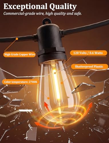 S14 Outdoor String Lights 48FT, Waterproof Patio Lights with 17 Shatterproof LED Bulbs (1 Spare), UL Certified Commercial Grade Black Wire Hanging Lights for Outdoor, Indoor, Backyard, Porch - Image 6