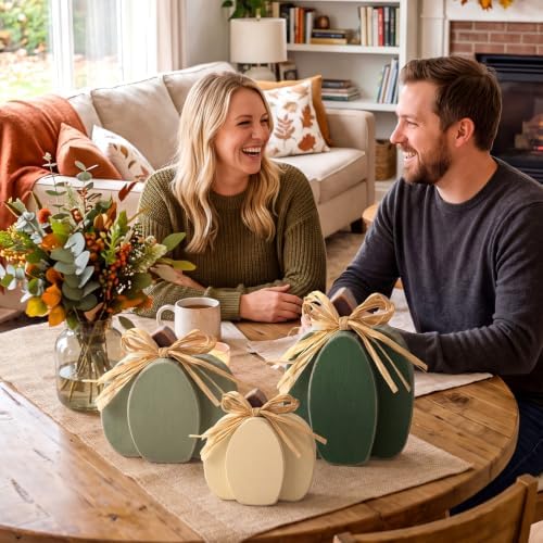 Ferraycle 3 Pcs Fall Pumpkin Decor Fall Wooden Signs 3D Pumpkin Tabletop Decor Farmhouse Sign Rustic Tiered Tray Decorations Block Centerpiece Standing Sign for Home Kitchen Harvest (Dark Green) - Image 3