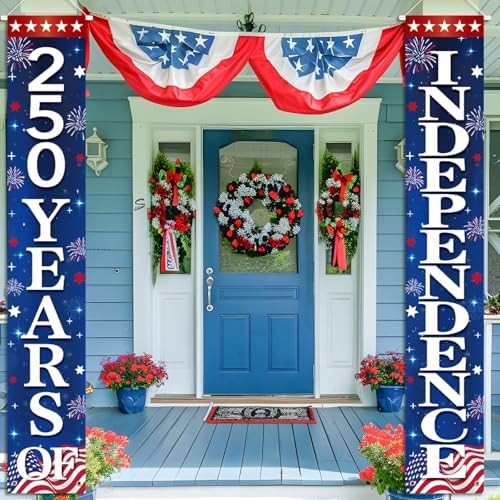 71 x 12 Inches 250th Anniversary Independence Day Door Banner, Red White Blue Stars and Fireworks Patriotic Porch Sign for 4th of July, Front Door Wall Decoration, Outdoor Indoor USA 250 Years Decor - Image 5