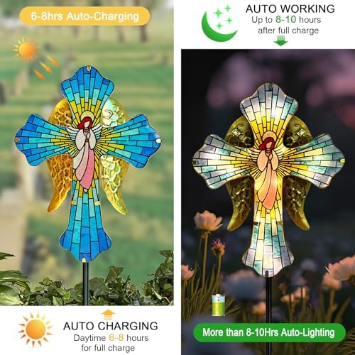 Solar Cross for Cemetery Grave,Metal Angel Wings Outdoor Yard Garden Stakes - Image 3