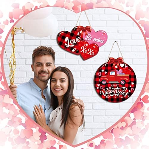 2 Pieces Valentines Day Door Sign Wooden Happy Valentines Day Sign Hanging Valentines Day Truck Decor Heart Shaped Valentines Door Hanger Buffalo Plaid Wooden Wall Decoration for Outdoor Front Door - Image 6